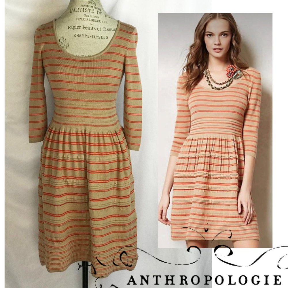 Anthropologie Knitted Knotted Orange Tan Elodie Stripe Sweater Dress
